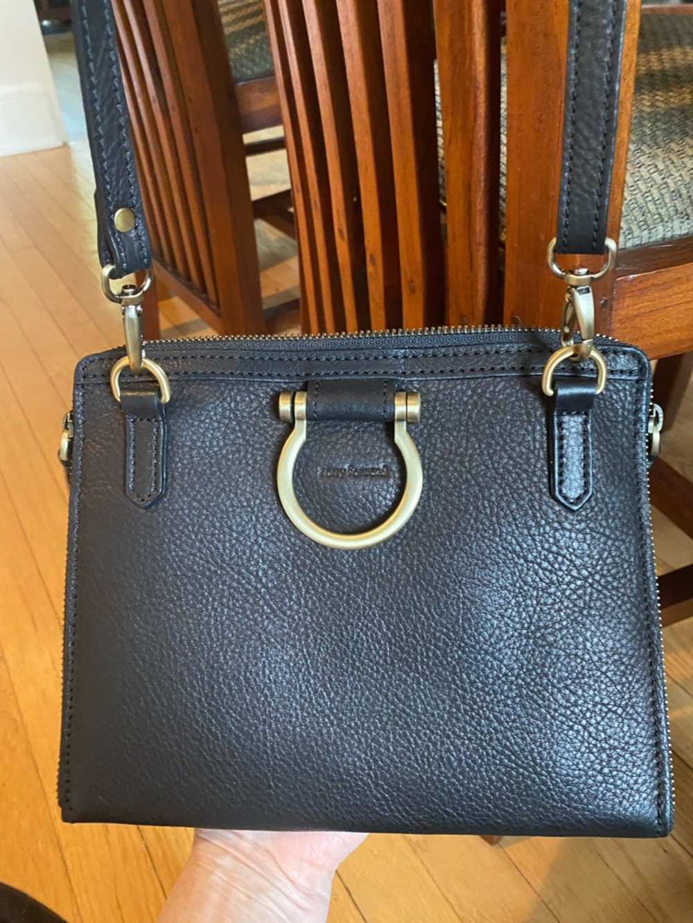 Sapahn black leather pebble mini crossbody with gold hardware